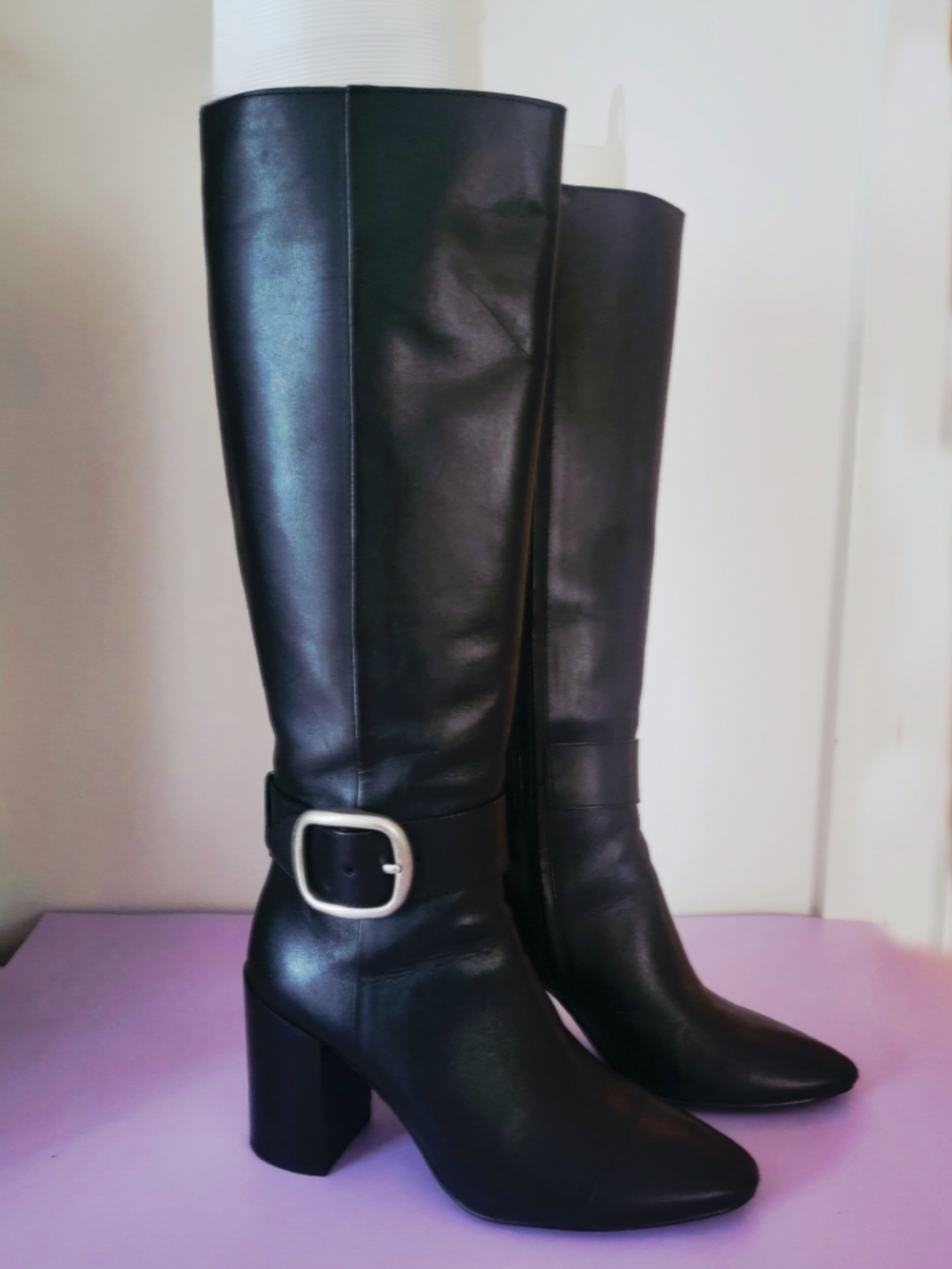 Coach Evelyn Black Leather Silver Buckle Knee High Block Heel Riding Boots - 7.5